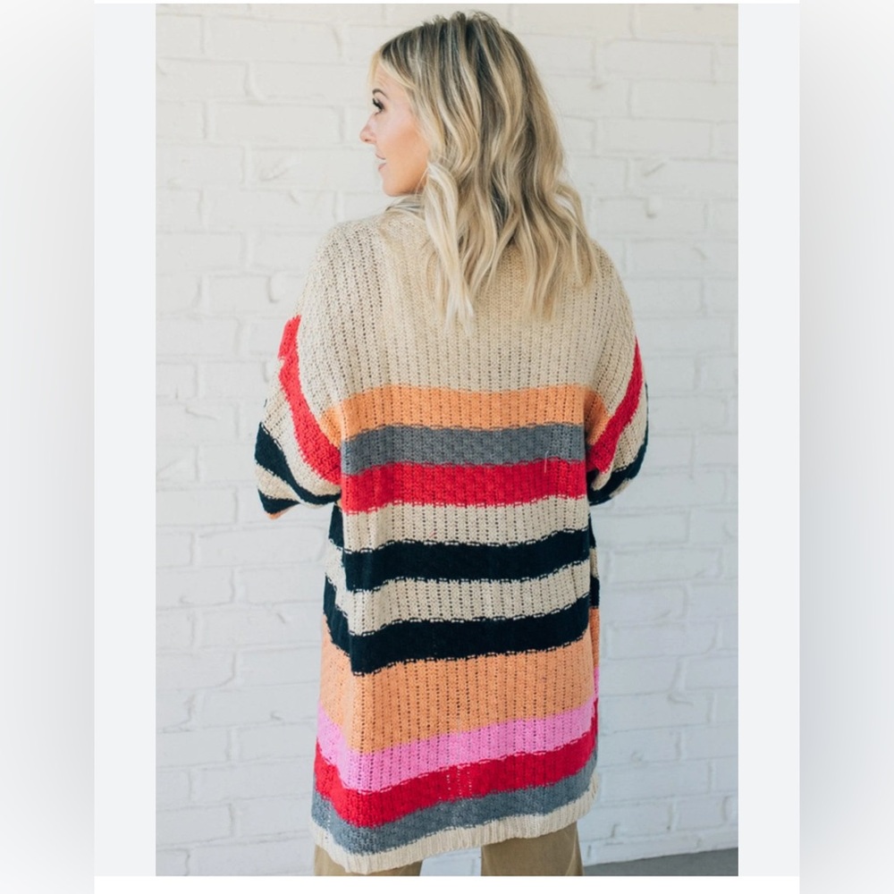 Talulah Colorful Stripe Chunky Knit Cardigan Balloon Sleeve - Picture 3 of 10